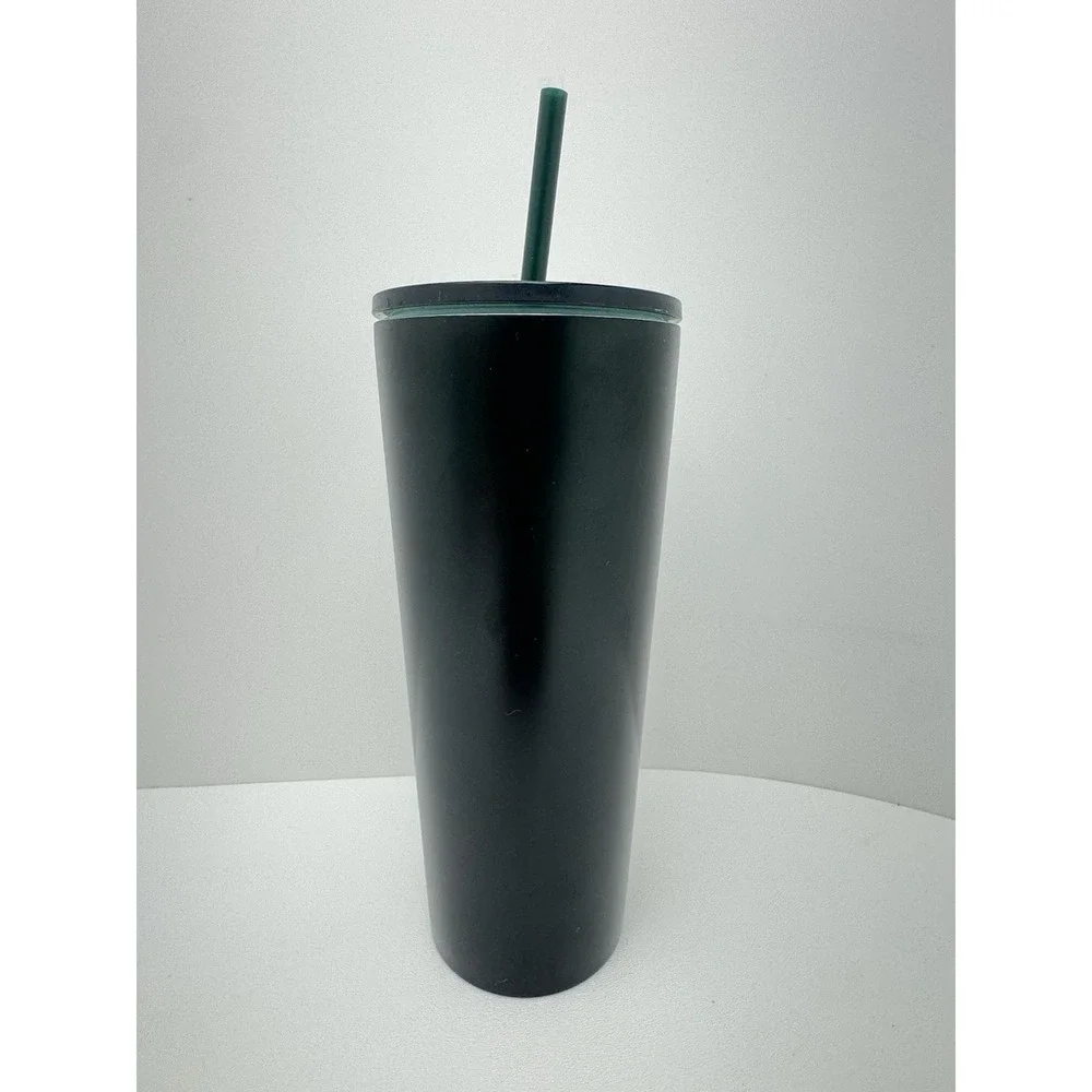 Starbucks ‎ New Matte Black/Green Stainless Steel Cold Cup Tumbler 24oz w/ Straw